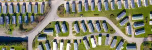 Aerial photo of a large caravan park known as Primrose Valley located in the coastal town of Filey in East Yorkshire in the UK